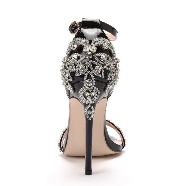 Sexy Black Evening Party Womens Sandals 2021 11 cm Stiletto Heels Ankle Strap Rhinestone Open / Peep Toe Womens Sandals High Heels