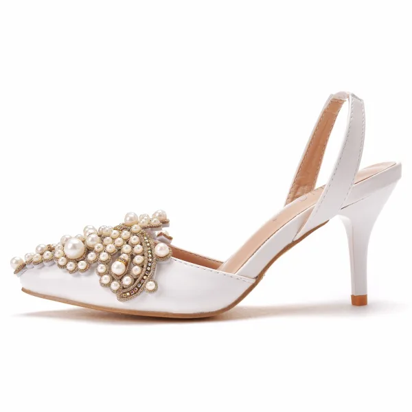 Charming White Pearl Rhinestone Womens Sandals High Heels 2021 7 cm Stiletto Heels Pointed Toe Wedding Sandals
