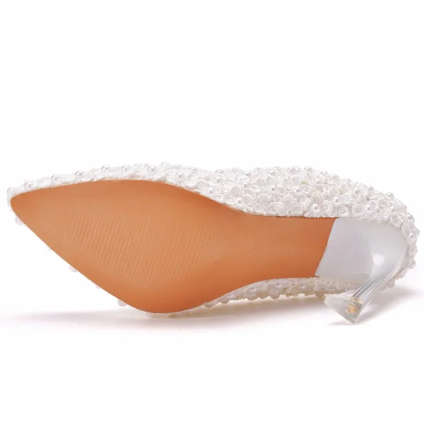 Elegant Lace Flower Pearl White Wedding Shoes 2021 9 cm Stiletto Heels Pointed Toe Wedding Pumps High Heels