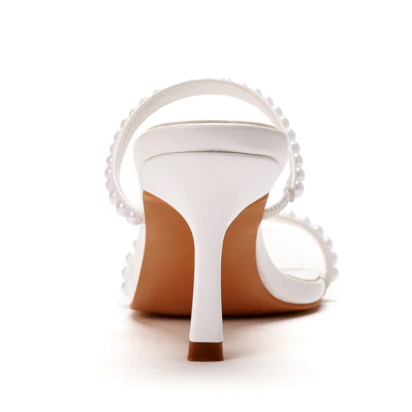 Sexy Blanche Cocktail Soirée Perle Sandales Femme 2021 7 cm Talons Aiguilles Peep Toes / Bout Ouvert Sandales Talons Hauts