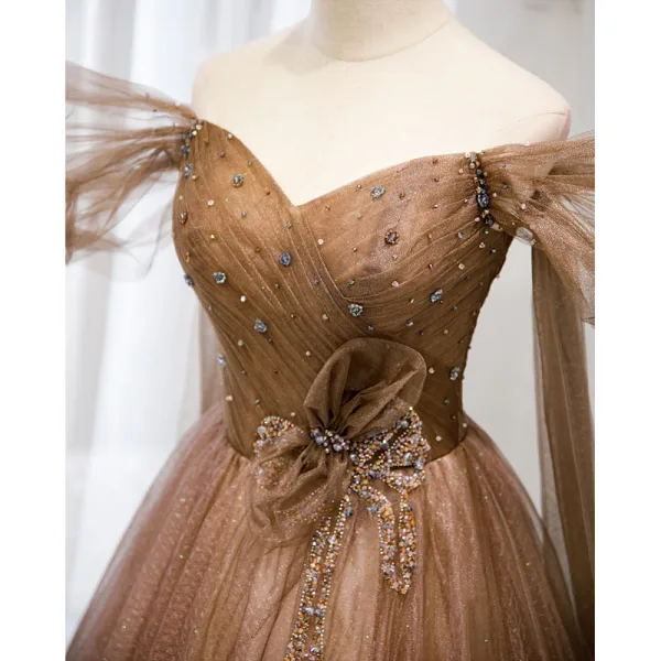 Schöne Champagner Ballkleider 2021 A Linie Off Shoulder Perlenstickerei Pailletten Strass Ärmellos Rückenfreies Lange Festliche Kleider