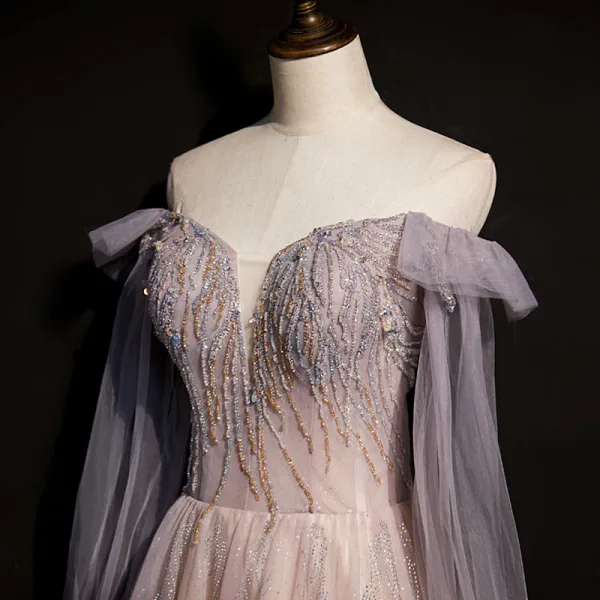 Chic / Beautiful Dusky Pink Prom Dresses 2021 A-Line / Princess Off-The-Shoulder Beading Rhinestone Sequins Long Sleeve Backless Floor-Length / Long Formal Dresses