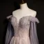 Chic / Beautiful Dusky Pink Prom Dresses 2021 A-Line / Princess Off-The-Shoulder Beading Rhinestone Sequins Long Sleeve Backless Floor-Length / Long Formal Dresses