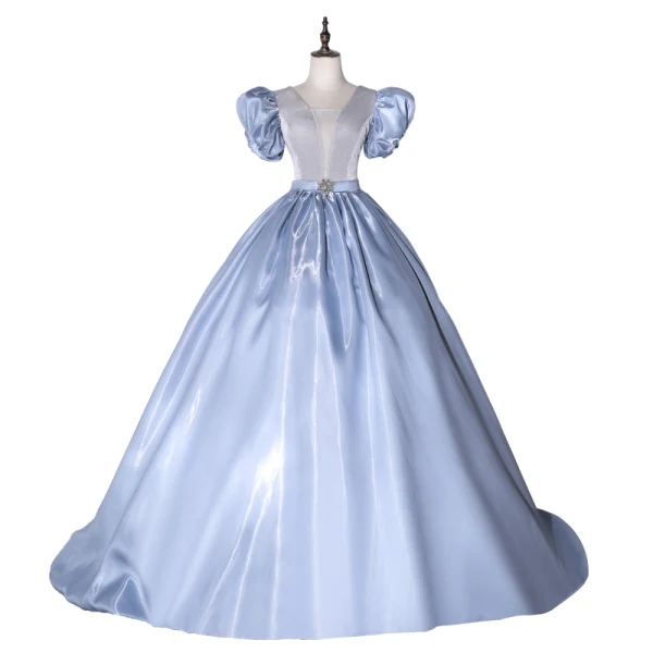 Cendrillon Mode Bleu Ciel Robe De Bal 2021 Robe Boule Satin V-Cou Volants Manches Courtes Cristal Ceinture Dos Nu Longue Robe De Ceremonie