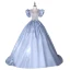 Cendrillon Mode Bleu Ciel Robe De Bal 2021 Robe Boule Satin V-Cou Volants Manches Courtes Cristal Ceinture Dos Nu Longue Robe De Ceremonie