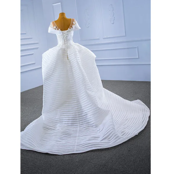 High-end Charming White Wedding Dresses 2021 Trumpet / Mermaid U-Neck Beading Pearl Appliques Short Sleeve Backless Court Train Wedding