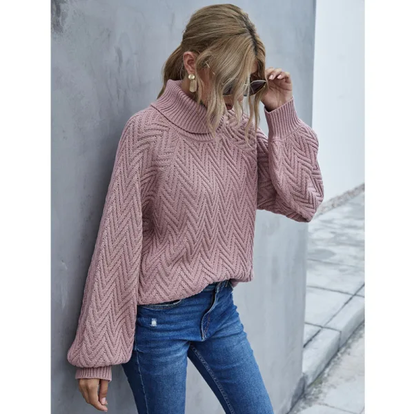 Comfortable Casual Fall Winter Brown Knitting Sweaters 2021 High Neck Long Sleeve Loose Women Tops