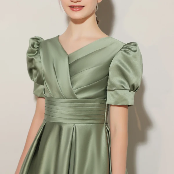 Elegant Sage Green Birthday Flower Girl Dresses 2021 A-Line / Princess Satin V-Neck Short Sleeve Floor-Length / Long Flower Girl Dresses