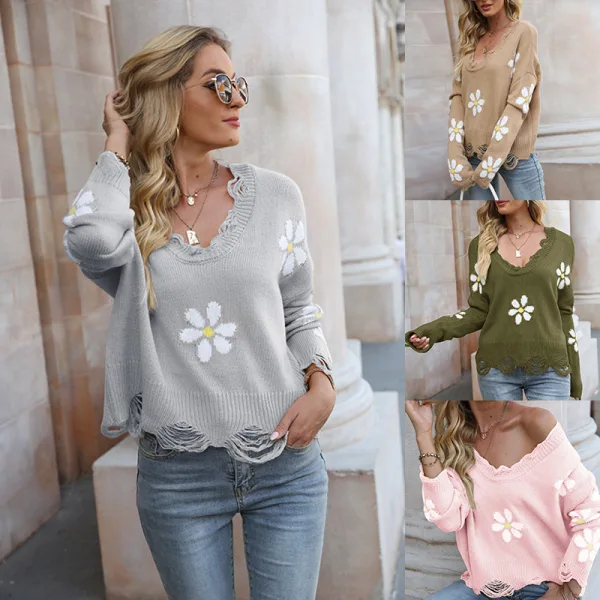 Fashion Fall Winter Street Wear Tan Knitting Flower Sweaters 2021 V-Neck Long Sleeve Loose Women Tops