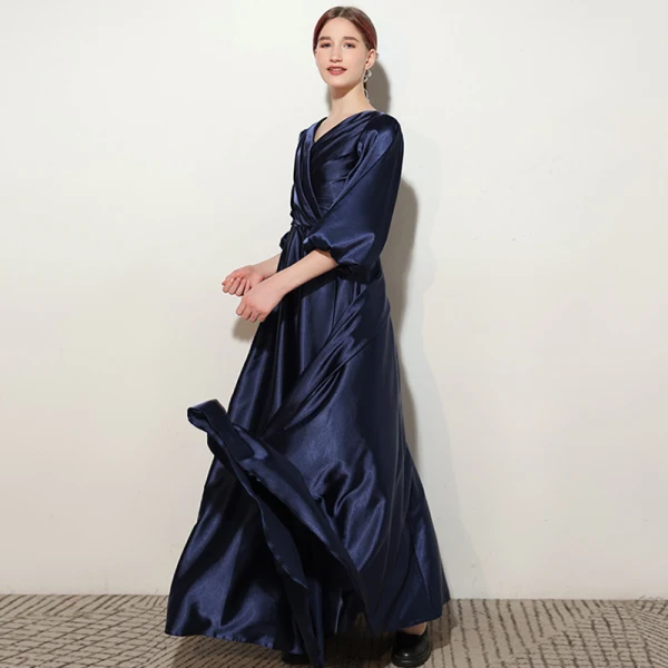 Elegant Navy Blue Satin Birthday Flower Girl Dresses Party Dresses 2021 A-Line / Princess V-Neck 1/2 Sleeves Floor-Length / Long Flower Girl Dresses