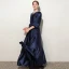 Elegant Navy Blue Satin Birthday Flower Girl Dresses Party Dresses 2021 A-Line / Princess V-Neck 1/2 Sleeves Floor-Length / Long Flower Girl Dresses