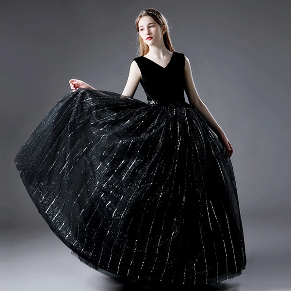 Charming Black Sequins Birthday Flower Girl Dresses Party Dresses 2021 Ball Gown V-Neck Sleeveless Floor-Length / Long Flower Girl Dresses