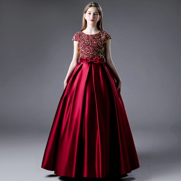 Charming Burgundy Party Dresses Flower Girl Dresses 2021 A-Line / Princess Scoop Neck Satin Short Sleeve Bow Sash Sequins Birthday Floor-Length / Long Flower Girl Dresses