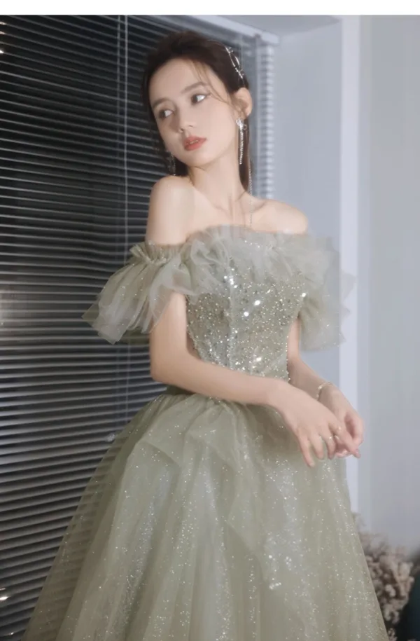 Chic / Beautiful Sage Green Prom Dresses 2021 A-Line / Princess Ruffle Off-The-Shoulder Beading Pearl Sequins Short Sleeve Backless Floor-Length / Long Prom Formal Dresses