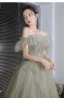 Chic / Beautiful Sage Green Prom Dresses 2021 A-Line / Princess Ruffle Off-The-Shoulder Beading Pearl Sequins Short Sleeve Backless Floor-Length / Long Prom Formal Dresses