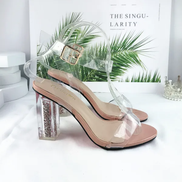Sexy Transparent Ocean Blue Crystal Womens Sandals 2021 Street Wear Ankle Strap 10 cm Stiletto Heels Open / Peep Toe Womens Sandals High Heels
