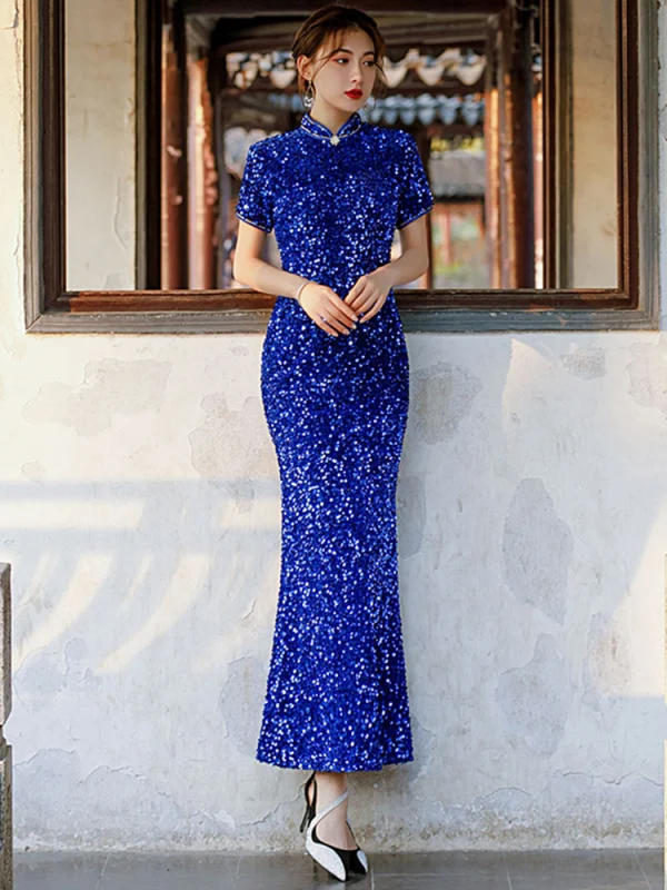 Sparkly Royal Blue Sequins Evening Party Cheongsam 2021 Trumpet / Mermaid Short Sleeve Tea-length Cheongsam / Qipao