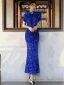 Sparkly Royal Blue Sequins Evening Party Cheongsam 2021 Trumpet / Mermaid Short Sleeve Tea-length Cheongsam / Qipao