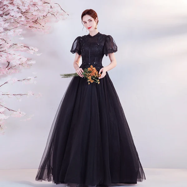 Élégant Noire En Dentelle Fleur Robe De Bal 2021 Princesse Col Haut Perle Faux Diamant Gonflée Manches Courtes Dos Nu Promo Longue Robe De Ceremonie