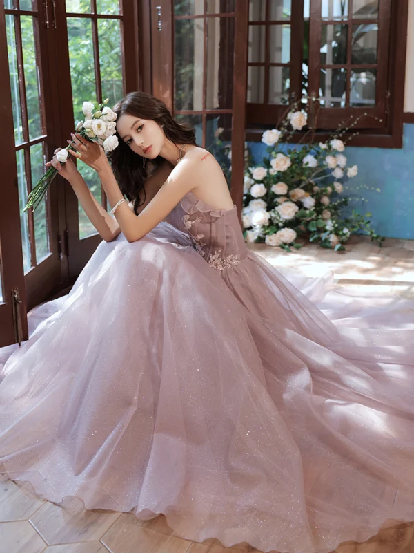 Chic Beautiful Dusky Pink Glitter Prom Dresses 2021 A-Line Princess Strapless Beading