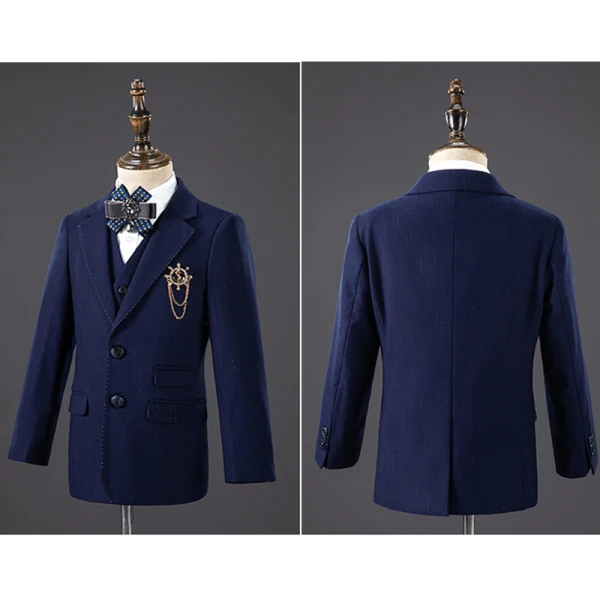 Mode Bleu Marine Manches Longues Costume Garçon Mariage 2021 Faux Diamant Noeud Cravate