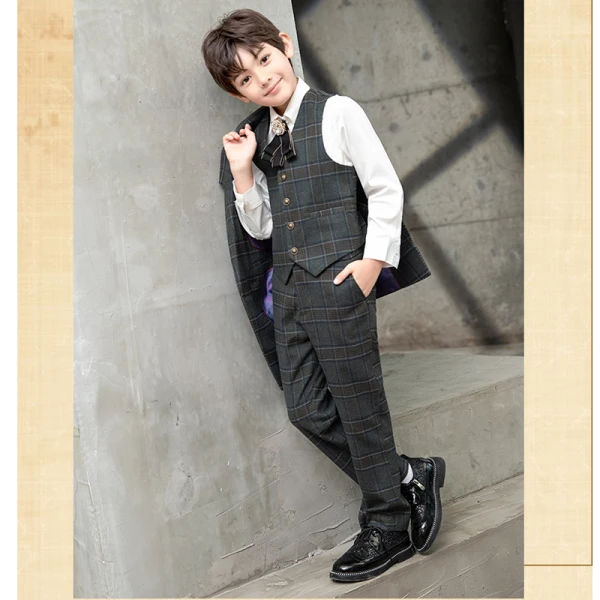 Mode Manches Longues Plaid Costume Garçon Mariage 2021 Mariage Manteau Pantalon Chemise Gilet