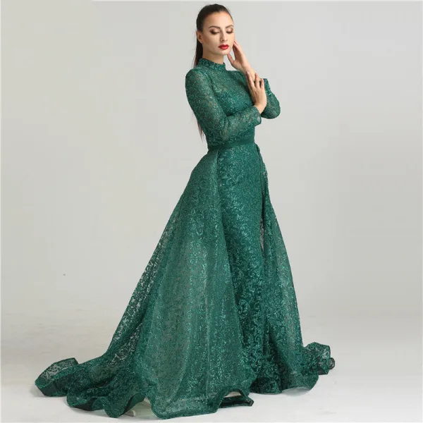 Haut de Gamme Noire Robe De Soirée 2021 Trompette / Sirène Col Haut Fait main Perlage Paillettes Ceinture Manches Longues Longue Soirée Robe De Ceremonie