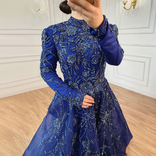 High-end Navy Blue Handmade  Beading Rhinestone Evening Dresses 2021 A-Line / Princess High Neck Long Sleeve Floor-Length / Long Evening Party Formal Dresses