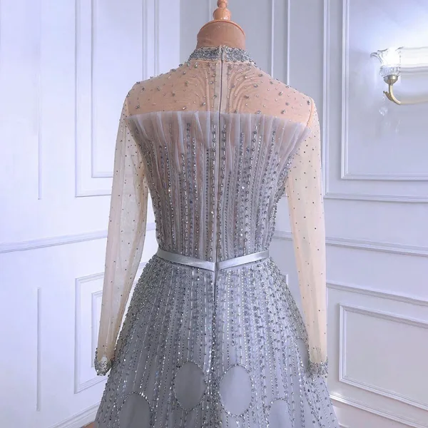 High-end Grey Beading Rhinestone Sequins Evening Dresses  2021 A-Line / Princess High Neck Long Sleeve Sash Floor-Length / Long Formal Dresses