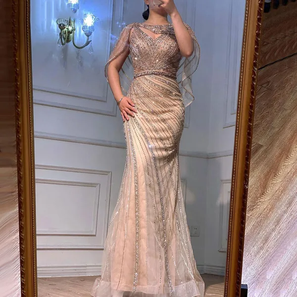 Luxury / Gorgeous Gold Handmade Beading Rhinestone Evening Dresses 2021 Trumpet / Mermaid V-Neck Sleeveless Backless Floor-Length / Long Evening Party Formal Dresses