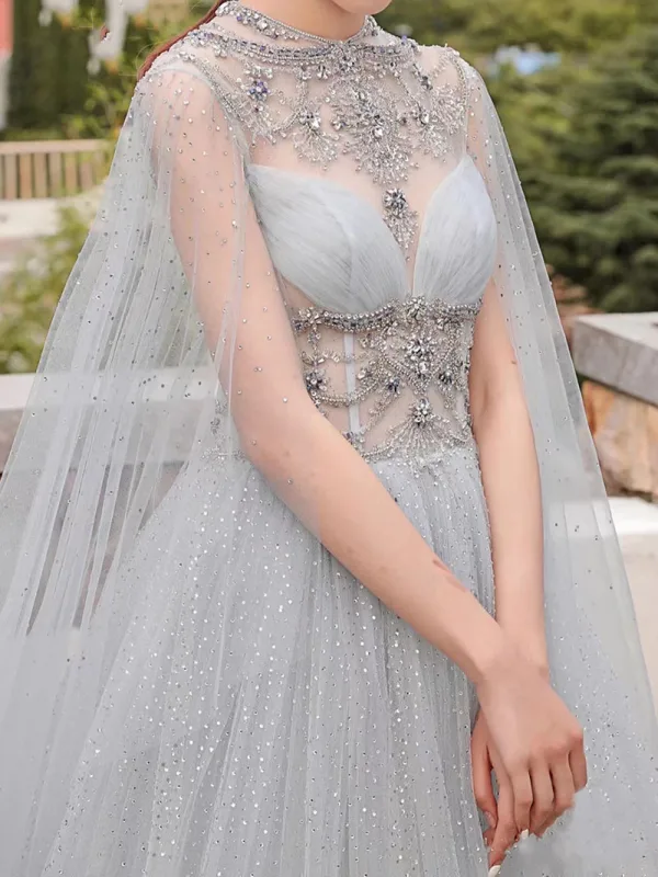 Luxury / Gorgeous High-end Grey Beading Sequins Rhinestone Evening Dresses 2021 A-Line / Princess Scoop Neck Short Sleeve Evening Party Sweep Train Formal Dresses