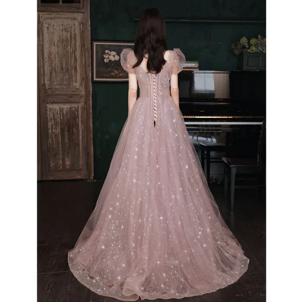 Charming Dusky Pink Prom Dresses 2021 A-Line / Princess V-Neck Glitter Star Beading Sequins Puffy Short Sleeve Backless Floor-Length / Long Formal Dresses