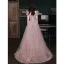 Charming Dusky Pink Prom Dresses 2021 A-Line / Princess V-Neck Glitter Star Beading Sequins Puffy Short Sleeve Backless Floor-Length / Long Formal Dresses
