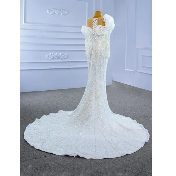 Luxury / Gorgeous White Ruffle Wedding Dresses 2021 Trumpet / Mermaid Scoop Neck Beading Pearl Sequins Long Sleeve Backless Floor-Length / Long Wedding