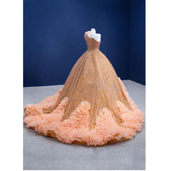 Luxury / Gorgeous Orange Beading Rhinestone Sequins Ruffle Wedding Dresses 2021 Ball Gown One-Shoulder Sleeveless Backless Floor-Length / Long Wedding