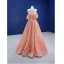 High-end Pearl Pink Beading Rhinestone Sequins Prom Dresses 2021 A-Line / Princess Off-The-Shoulder Short Sleeve Backless Prom Floor-Length / Long Formal Dresses