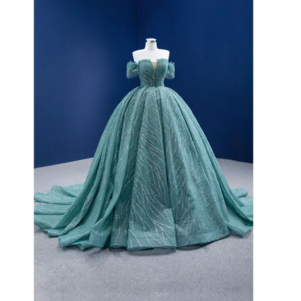 Charmant Vert Citron Perlage Gland Faux Diamant Paillettes Robe De Bal 2021 Robe Boule De l'épaule Manches Courtes Dos Nu Chapel Train Robe De Ceremonie