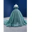 Charmant Vert Citron Perlage Gland Faux Diamant Paillettes Robe De Bal 2021 Robe Boule De l'épaule Manches Courtes Dos Nu Chapel Train Robe De Ceremonie