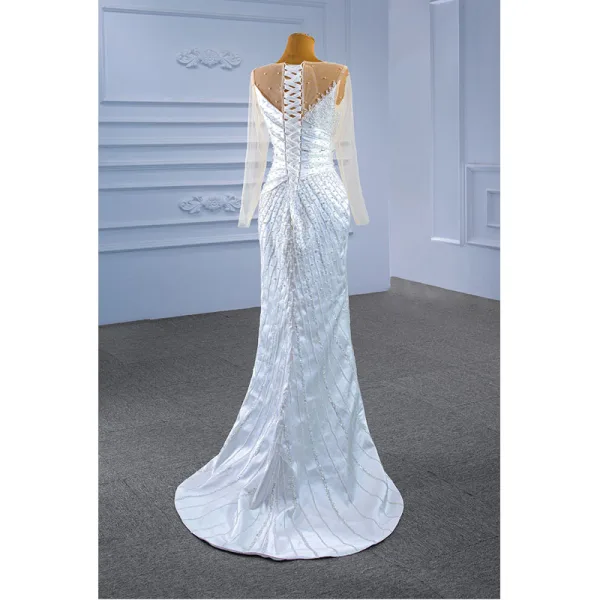 High-end White Beading Pearl Wedding Dresses 2021 Trumpet / Mermaid Scoop Neck Long Sleeve Backless Royal Train Wedding