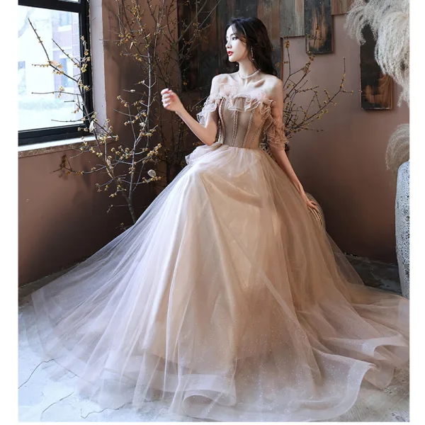 Charmant Kaki Perlage Glitter Robe De Bal 2021 Princesse Volants De l'épaule Manches Courtes Dos Nu Longue Robe De Ceremonie