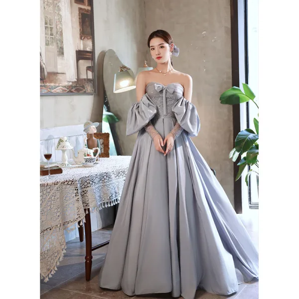 Elegant Sky Blue Satin Prom Dresses 2021 A-Line / Princess Strapless Beading Bow Short Sleeve Backless Floor-Length / Long Formal Dresses