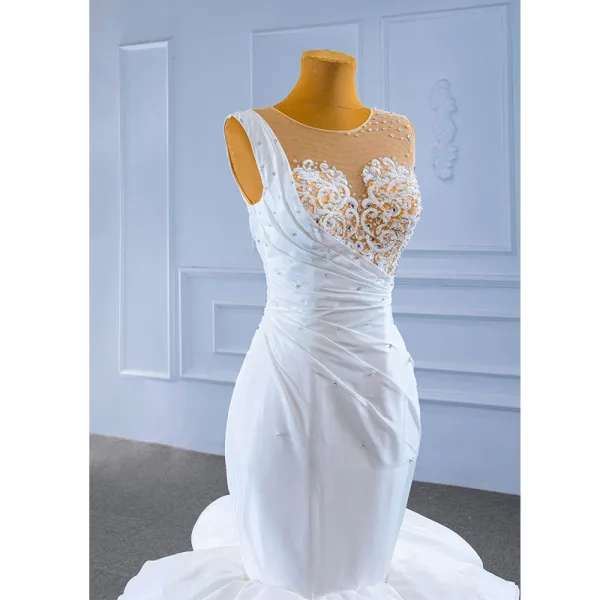Luxury / Gorgeous White Cascading Ruffles Wedding Dresses 2021 Trumpet / Mermaid Scoop Neck Beading Sequins Rhinestone Lace Flower Sleeveless Backless Royal Train Wedding