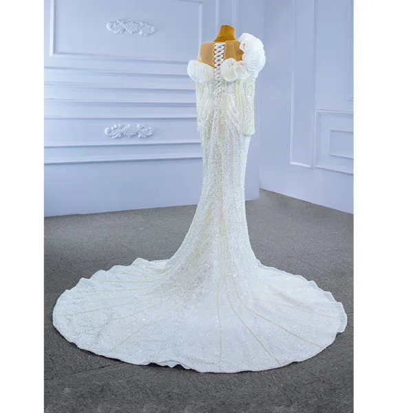 Luxury / Gorgeous Charming White Beading Pearl Sequins Wedding Dresses 2021 Trumpet / Mermaid Ruffle Scoop Neck Long Sleeve Backless Chapel Train Wedding