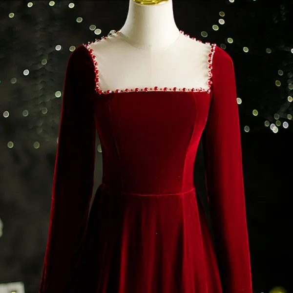 Elegant Burgundy Suede Velour Prom Dresses 2021 A-Line / Princess Square Neckline Beading Long Sleeve Sweep Train Formal Dresses