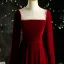 Elegant Burgundy Suede Velour Prom Dresses 2021 A-Line / Princess Square Neckline Beading Long Sleeve Sweep Train Formal Dresses