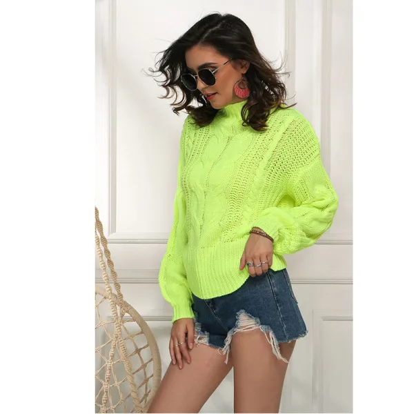 Fall Winter Street Wear Brown Knitting Sweaters 2021 Cotton High Neck Long Sleeve Loose Women Tops