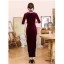 Chinese style Burgundy Suede Velour Cheongsam Evening Dresses 2021 Trumpet / Mermaid High Neck 1/2 Sleeves Lace Flower Split Front Tea-length Formal Dresses