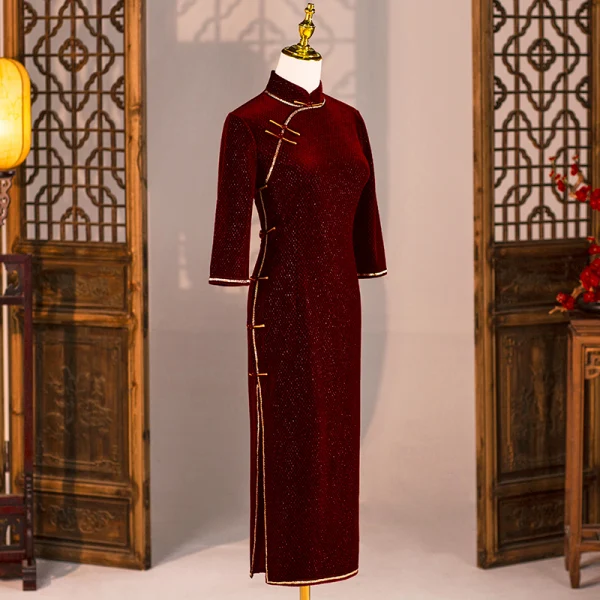 Chinese style Burgundy Evening Dresses Cheongsam 2021 Trumpet / Mermaid High Neck 3/4 Sleeve Split Front Tea-length Formal Dresses