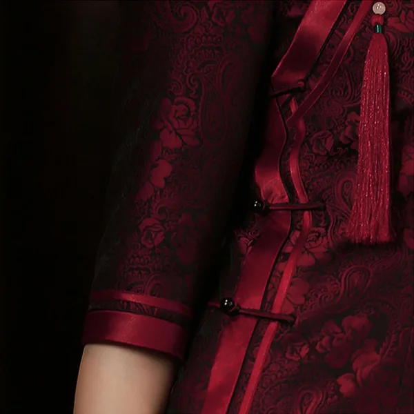High-end Burgundy Silk Floral Cheongsam Evening Dresses 2021 Trumpet / Mermaid High Neck 1/2 Sleeves Evening Party Tea-length Formal Dresses