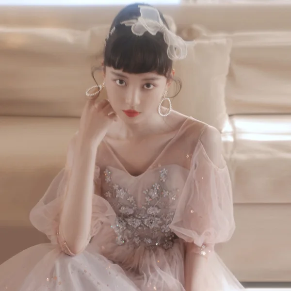 Fashion Blushing Pink Bridesmaid Dresses 2021 A-Line / Princess Beading Pearl Sequins Lace Flower Short Sleeve Backless Floor-Length / Long Wedding Party Dresses